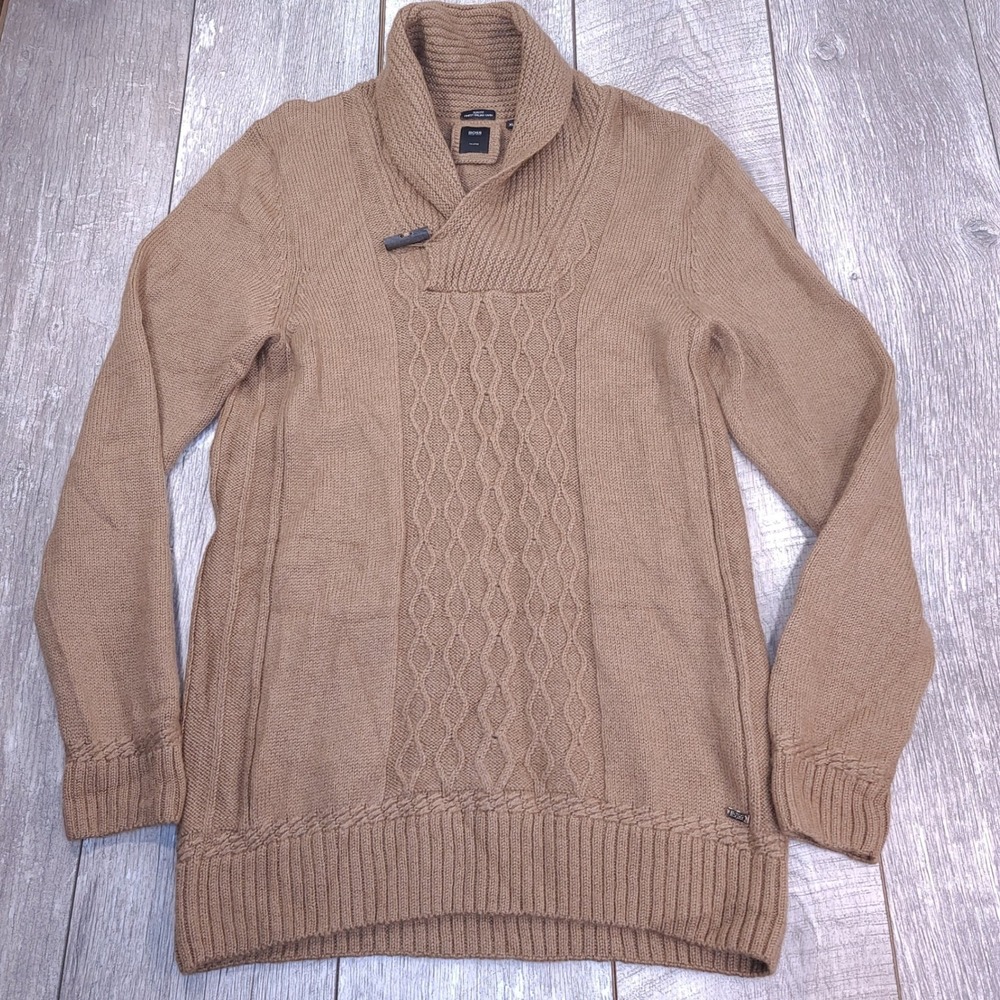 Hugo Boss Sweater Mens XL Brown Camel Hair Virgin Wool Shawl Toggle T-Doberto